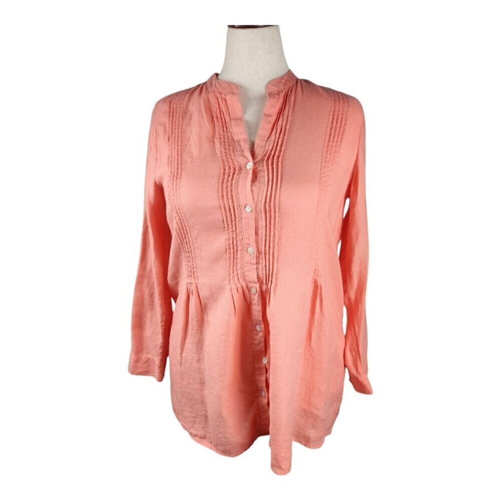 J. Jill Peach 100% Linen Pintuck Tunic Button Up Roll Tab Sleeve Blouse Small
